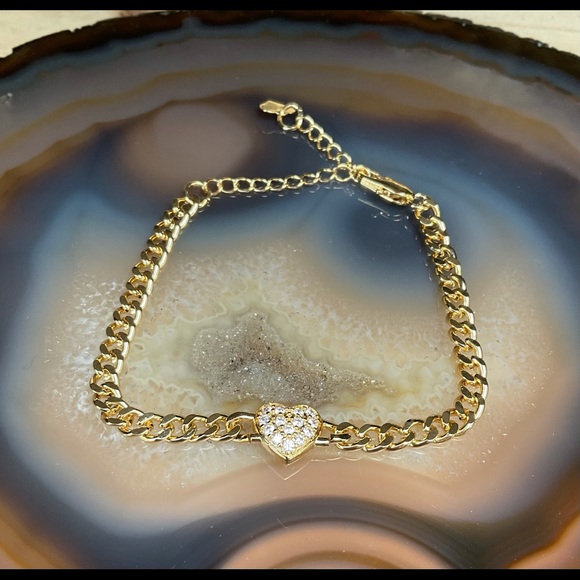 Gold heart bracelet Cuban link womens jewelry gift for her - Picture 1 of 7